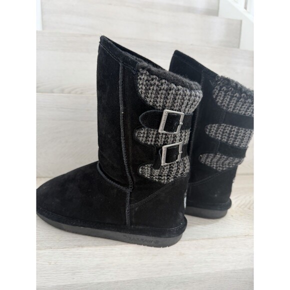 Bearpaw Boshie Black Suede Knit Sheepskin Wool Buckle Boots Youth Size 5 - Picture 6 of 8